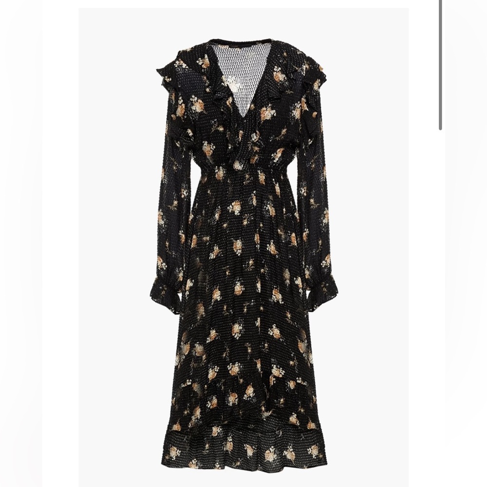 MAJE Ruffled fil coupé floral-print crepe midi dress size FR 36 US size 4